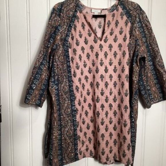 J. Jill Folklore Stamped Tunic Top Sz Sz 2X Linen Blend Paisley Boho - Picture 2 of 9